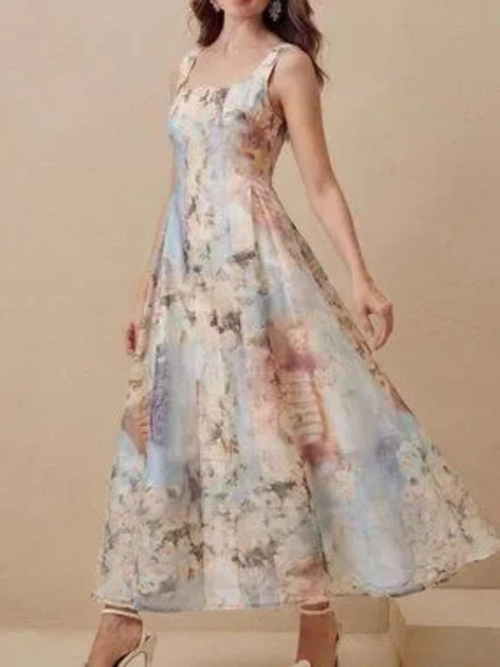 Apricot Boho Women's Square Neck Sleeveless Waist Cinched Long Dress